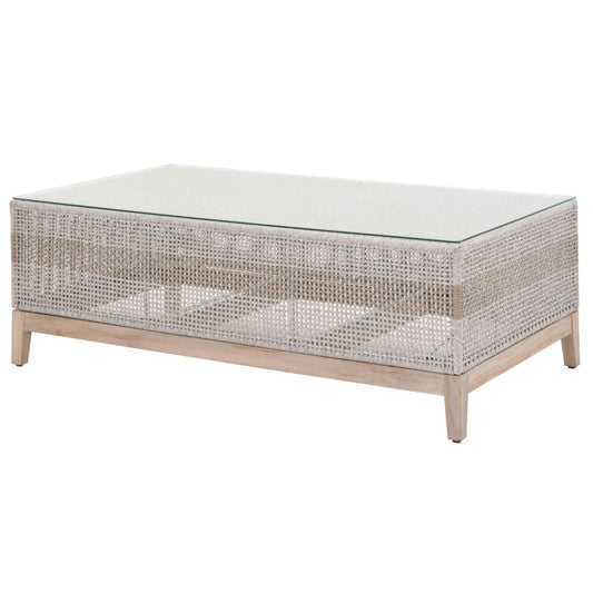 28" Rope Woven Coffee Table With Glass Top, Gray and Brown By Casagear Home