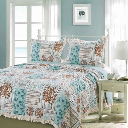 Microfiber Wrapped Sea Life Print Twin Size Quilt Set, Blue and Brown By Casagear Home