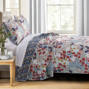 Full Size 3 Piece Polyester Quilt Set with Floral Prints, Multicolor By Casagear Home
