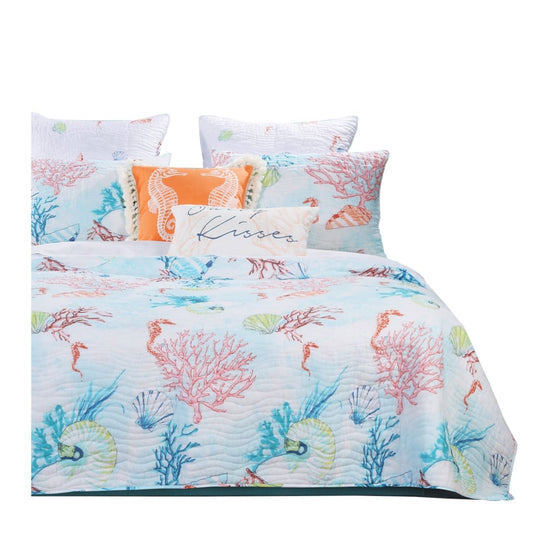 Twin Size 2 Piece Polyester Quilt Set with Coral Prints, Multicolor By Casagear Home