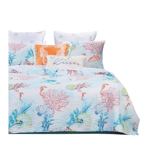 Full Quilt Set | 3 Piece | Polyester | Coral Prints | Multicolor
