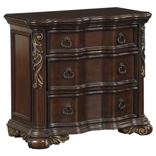 32" 3-Drawer Nightstand with Carved Pilaster, Cherry Brown By Casagear Home