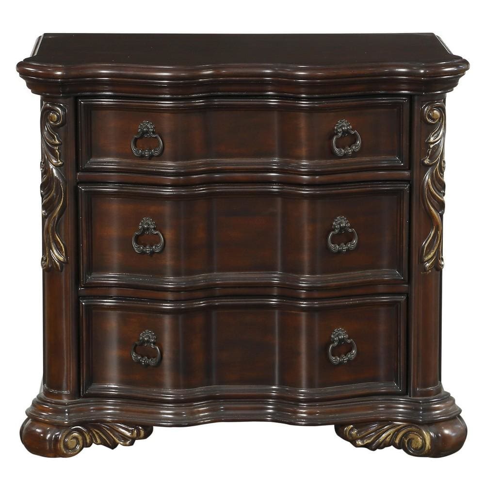 32 3-Drawer Nightstand with Carved Pilaster Cherry Brown By Casagear Home BM219079
