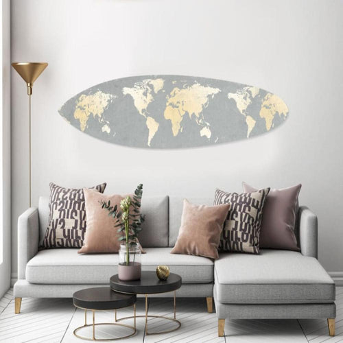 Wall Art | Wood Surfboard | World Map Print | Gray & White