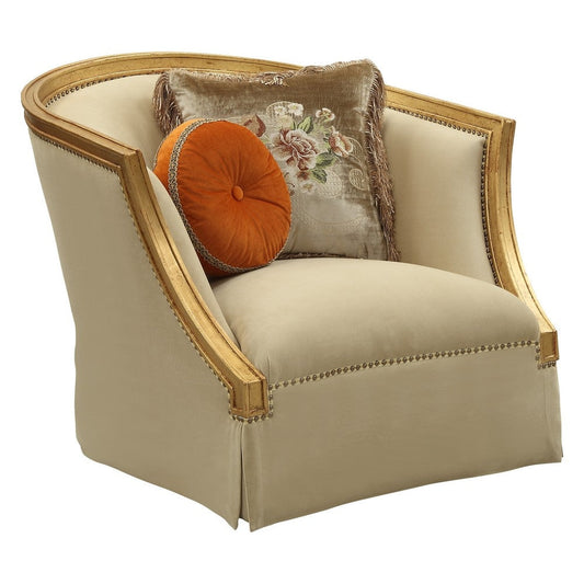 41 Inch Modern Fabric Curved Accent Chair, 2 Accent Pillows, Gold, Beige By Casagear Home