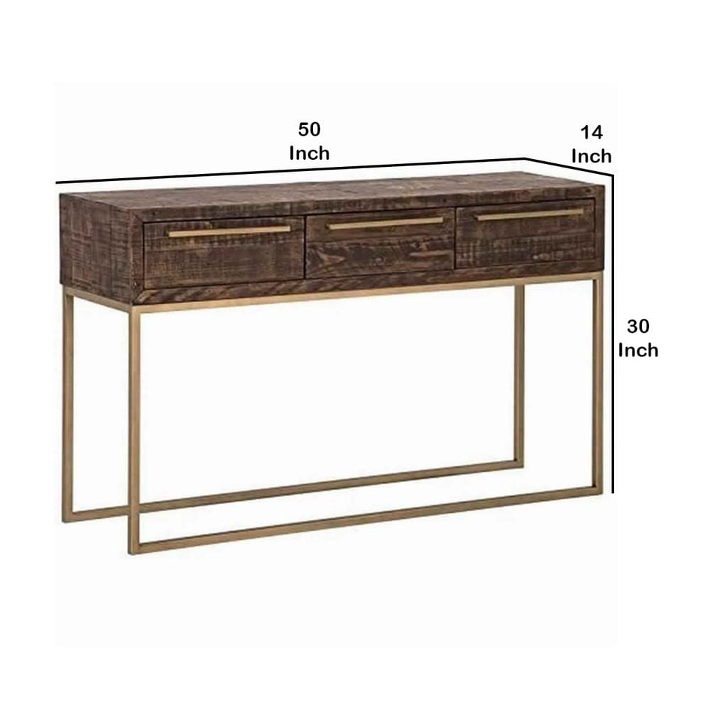 50 3-Drawer Sofa Table with Sled Metal Base Brown & Gold By Casagear Home BM220544