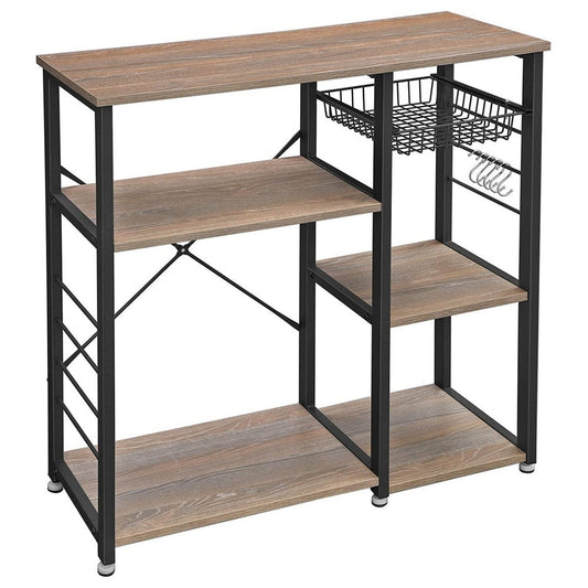 Wooden Bakers Rack with 4 Shelves and Wire Basket, Brown and Black By Casagear Home
