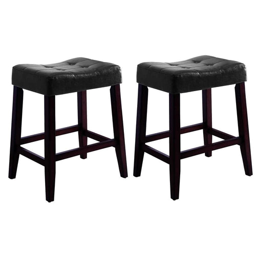 Wood Stools | Saddle Seat | Button Tufts | Set of 2 | Black & Brown