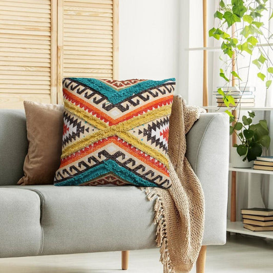 18 x 18 Square Cotton Accent Throw Pillow, Aztec Tribal Inspired Pattern, Trimmed Fringes, Set of 2, Multicolor By The Urban Port