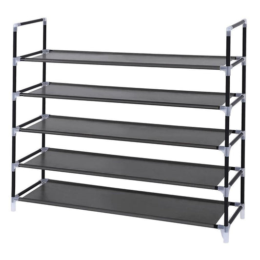 5 Tier Metal Frame Shoe Rack with Fabric Wrapped Shelves, Black By Casagear Home