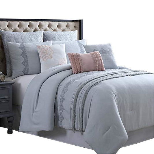 Valletta 8 Piece Queen Comforter Set with Embroidery and Pleats , Gray By Casagear  Home