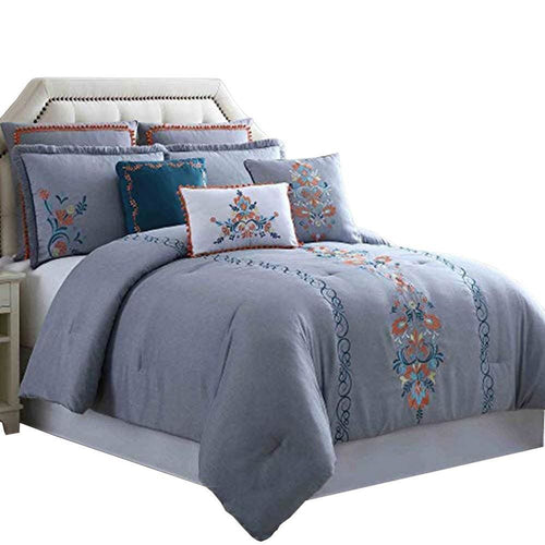 Odense Queen Comforter Set | 8 Pieces | Floral Embroidery | Multicolor