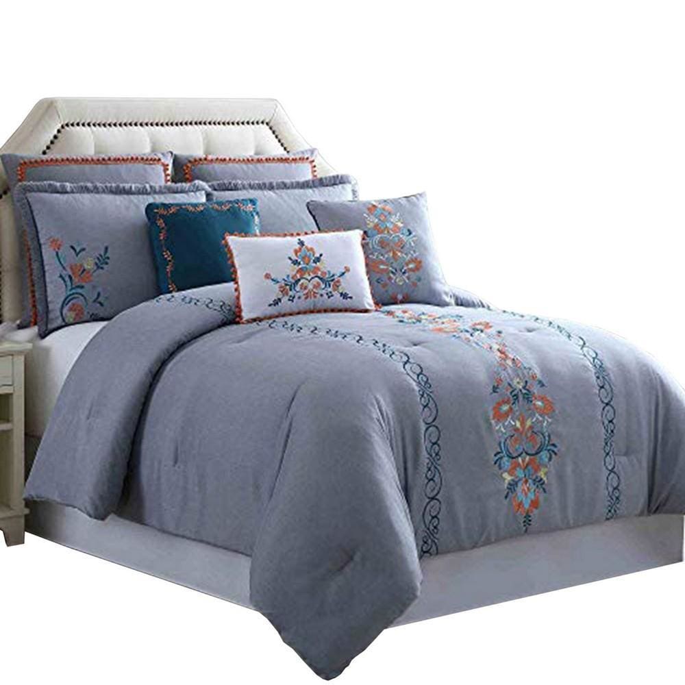 Odense 8 Piece Queen Comforter Set with Floral Embroidery , Multicolor By Casagear  Home