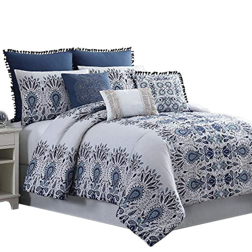 Constanta King Comforter Set | 8 Pieces | Floral Print | Blue & White
