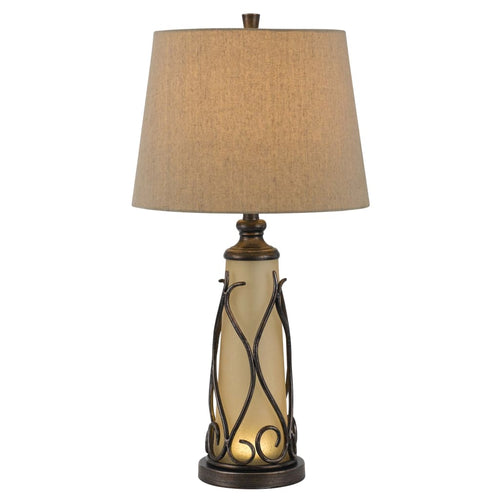 Table Lamp | 3 Way | Frosted Glass Body | Fabric Shade | Light Brown
