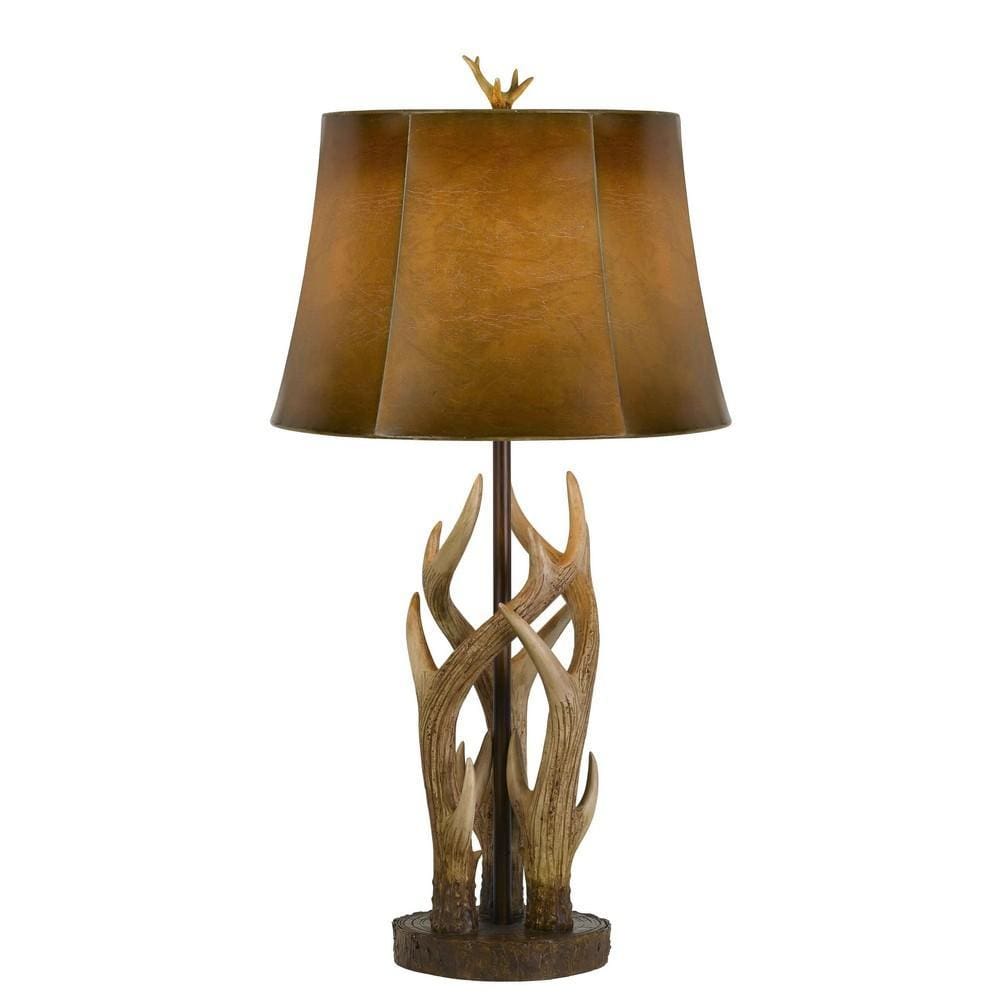 Table Lamp | 150W | Faux Leather Shade | Antler Base | Brown