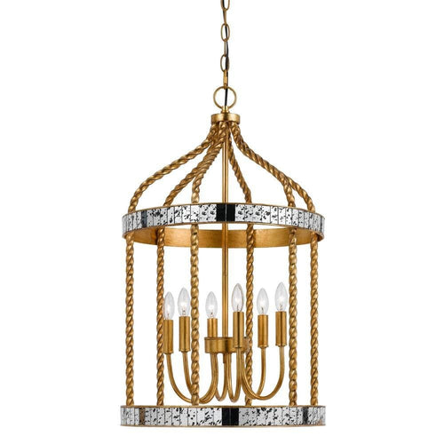 Pendant Fixture | 40W x 6 | Twisted Frame | Mirror Accent | Gold