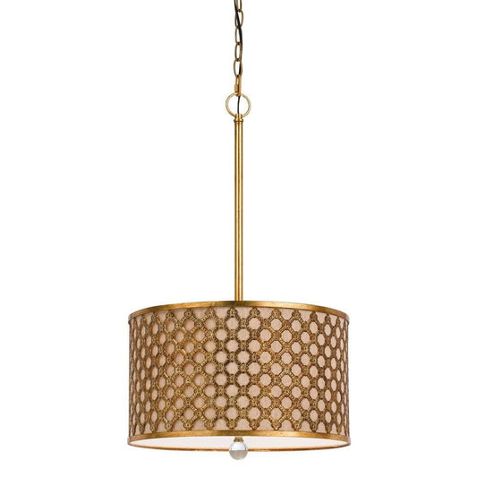 Fabric and Metal Pendant with Geometric and Embossed Floral Design, Gold By Casagear Home