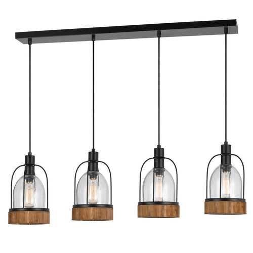 Pendant Fixture | 4 Lantern Glass Shades | Metal Frame | Black & Clear