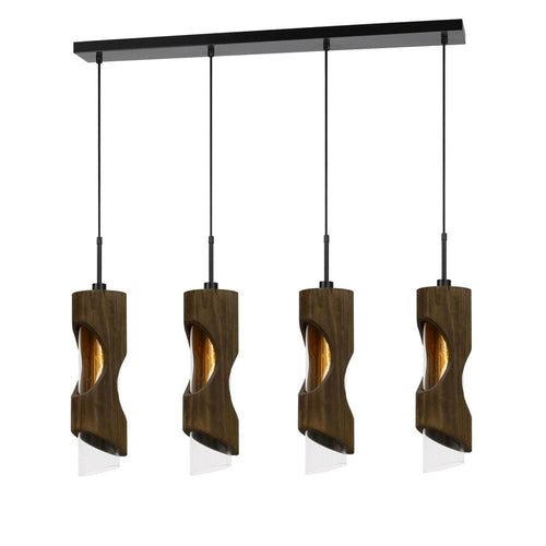 Pendant Fixture | 4 Light | Wood & Glass Shades | Brown