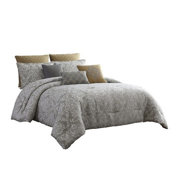 9 Piece King Polyester Comforter Set with Medallion Print, Gray and Gold By Casagear Home