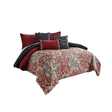 9 Piece Queen Size Comforter Set with Medallion Print, Red and Blue By Casagear Home