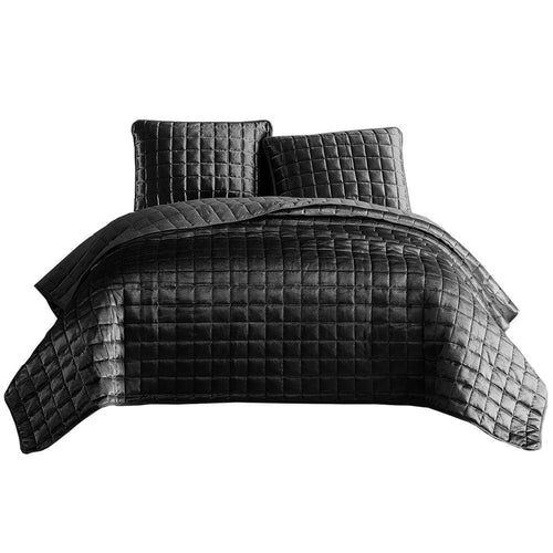 Coverlet Set | 3 Piece King | Stitched Square Pattern | Dark Gray