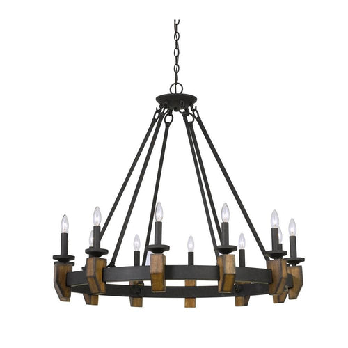 Chandelier | 12 Bulb | Round Metal | Candle Lights | Black & Wood