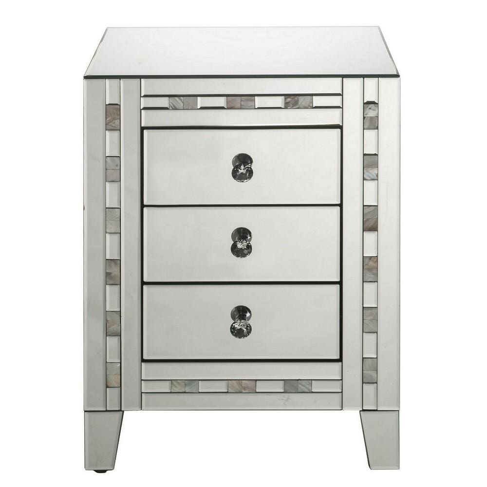 26 3 Drawer Beveled Nightstand with Pearl Inlay Silver By Casagear Home BM225702