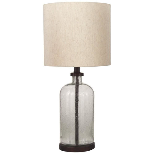Table Lamp | Cylindrical Seeded Glass | Fabric Shade | Beige & Clear