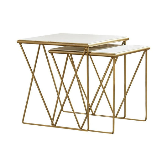 2 Piece Marble Top Nesting Table with Geometric Base, White and Gold By Casagear Home