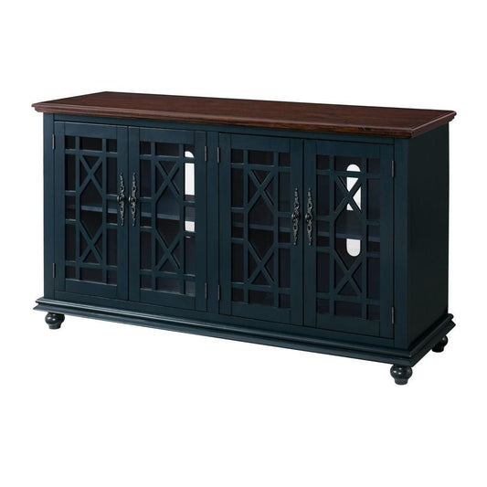 63 Inch Traditional Wooden TV Stand with Turned Leg, Brown and Blue By Casagear Home