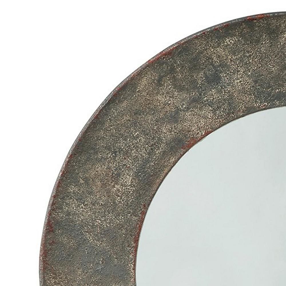 30.25 Inches Round Metal Encased Accent Mirror Distressed Gray By Casagear Home BM231933