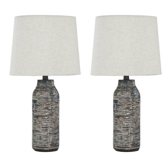 Fabric Shade Table Lamp with Textured Base, Set of 2, White and Black By Casagear Home