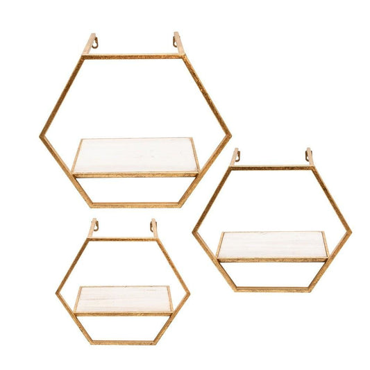 Hexagon Shaped Metal and Wooden Shelf, Set of 3, Gold By Casagear Home