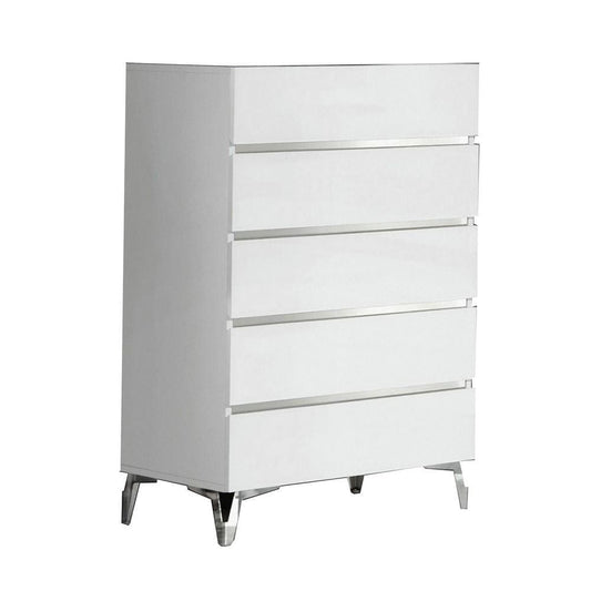 47 Inch 5 Drawer Modern Chest with Metal Legs, White and Silver By Casagear Home