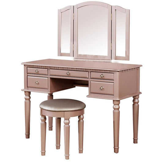 Vanity Set with Turned Tapered Legs and Three Piece Mirror, Rose Gold By Casagear Home