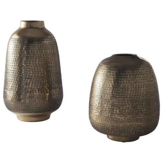Vintage Style Vase with Hammered Texture Details, Set of 2, Brass By Casagear Home