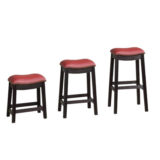 18 Inch Wooden Stool with Upholstered Cushion Seat, Set of 2, Gray and Red By Casagear Home