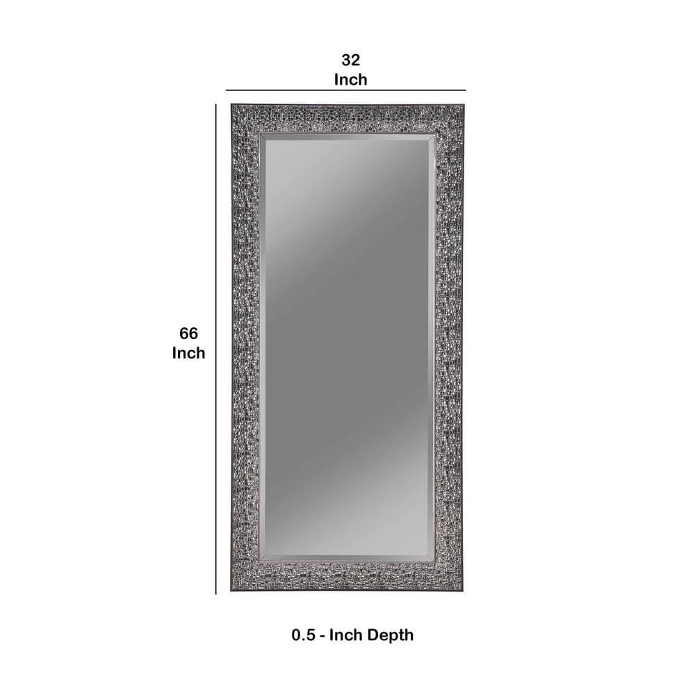 Rectangular Beveled Accent Floor Mirror with Glitter Mosaic Pattern Gray By Casagear Home BM233238