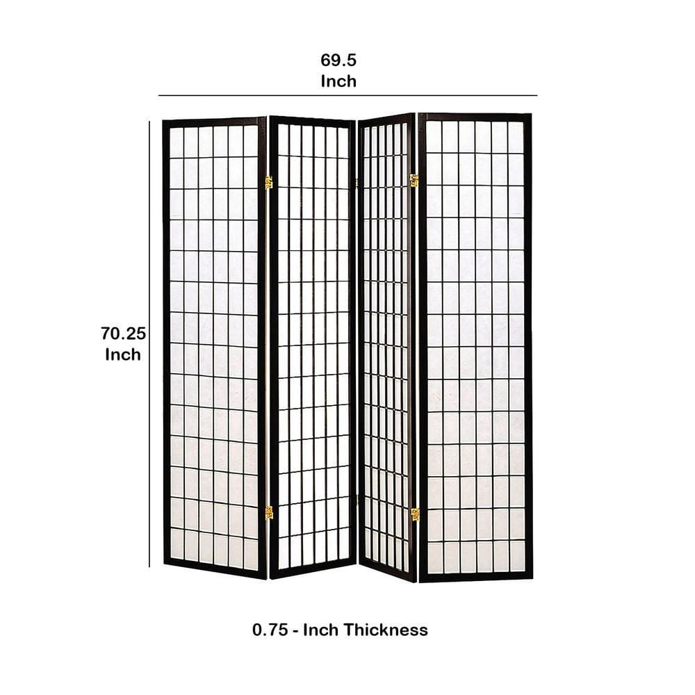 4 Panel Foldable Wooden Frame Room Divider with Grid Design Black By Casagear Home BM233241