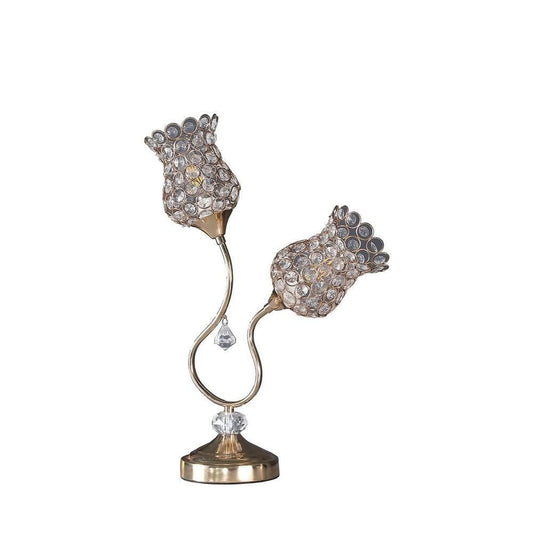 Metal Table Lamp with Floral Trumpet Shade and Crystal Accents, Gold By Casagear Home
