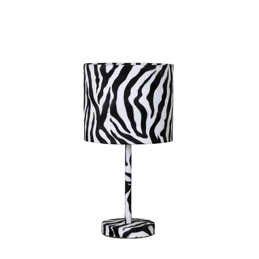 Fabric Wrapped Table Lamp with Animal Print, White and Black By Casagear Home