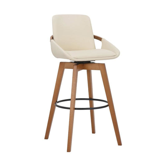 30 Inch Leatherette Swivel Barstool, Cream and Walnut By Casagear Home