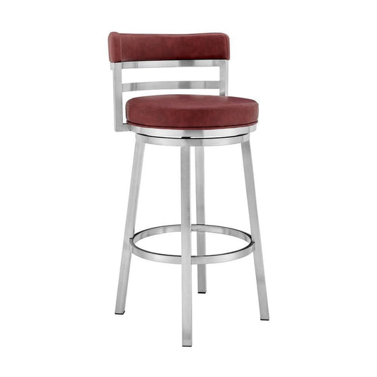 30 Inch Leatherette Counter Height Barstool, Silver and Red By Casagear Home