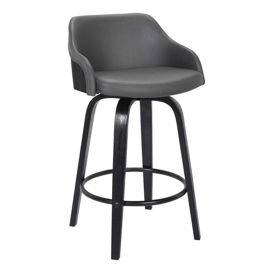 26 Inch Wooden and Leatherette Swivel Barstool, Black and Gray By Casagear Home