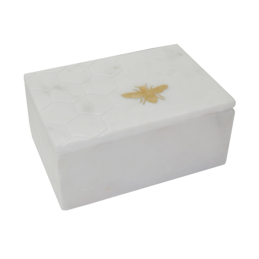 Marble Box | Rectangular | Bee Accent | Hex Pattern | White