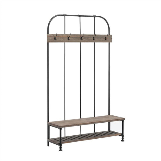 Wood and Metal Industrial Hall Tree with Bench, Brown By Casagear Home