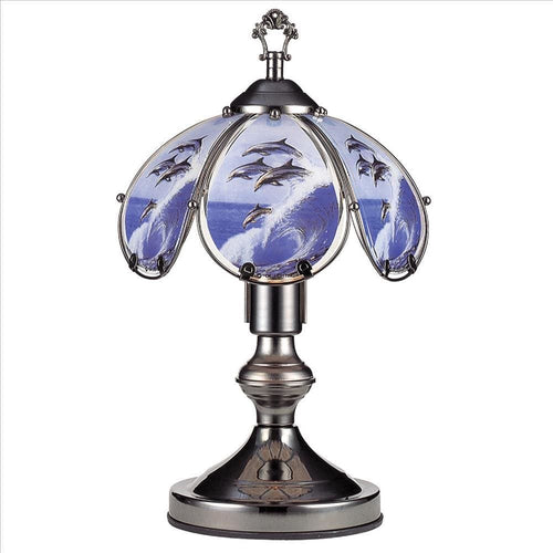 Table Lamp | Umbrella Glass Shade | Dolphin Print | Silver