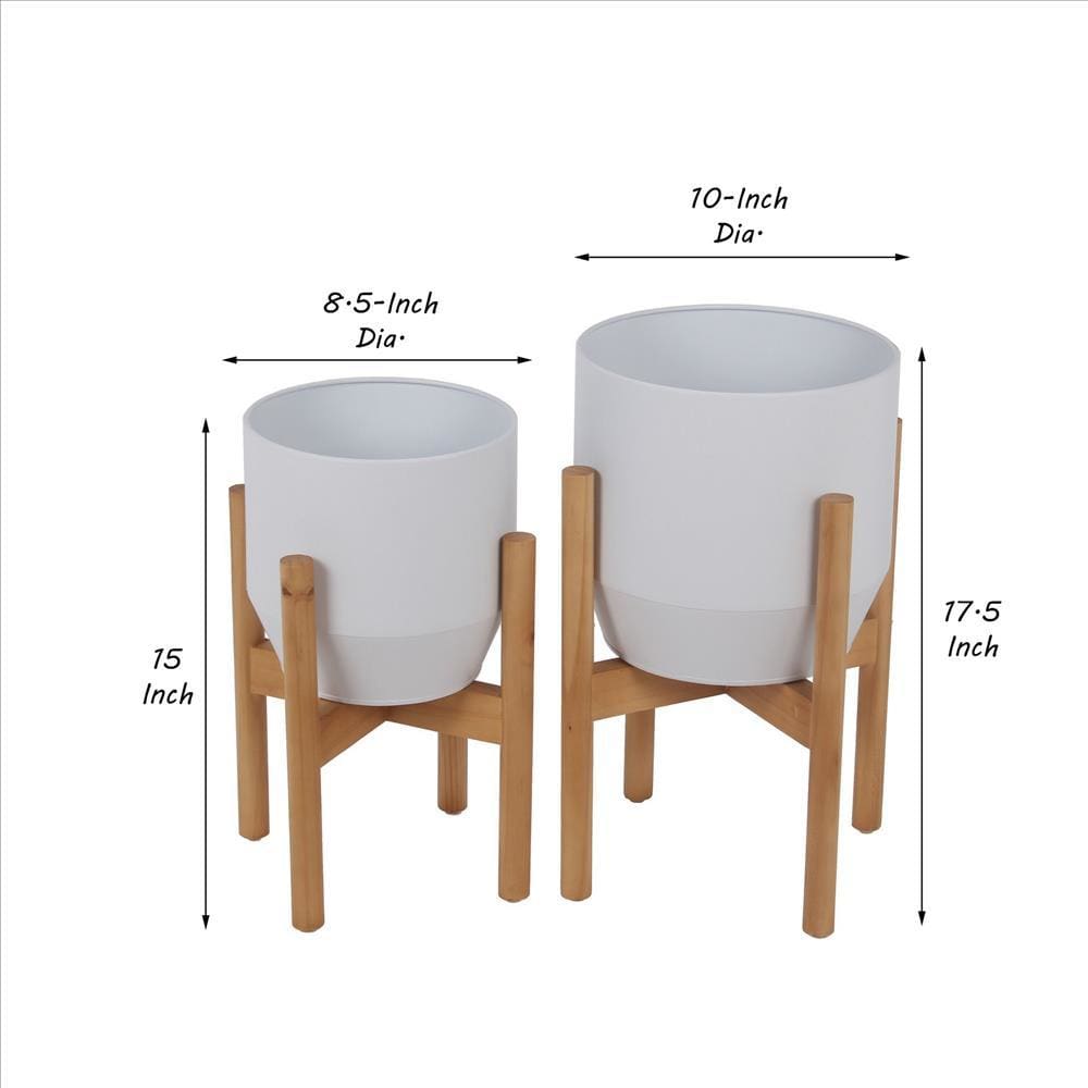 Metal Planter with Round Wooden Legs Set of 2 White and Brown By Casagear Home BM241047
